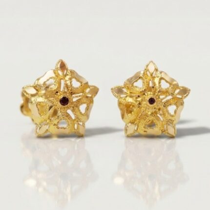 21K Gold Floral Filigree Stud Earrings with Red Gemstone - 0.980 Grams