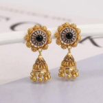 21 Carat Gold Black Stone Flower Antique Jhumka Earrings | 5.480g