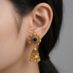 21 Carat Gold Black Stone Flower Antique Jhumka Earrings | 5.480g - Image 2