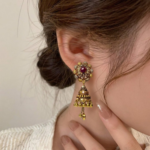 21 Carat Gold Ruby Antique Tiered Jhumka Earrings with Ball Drop | 8.910g - Image 2
