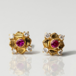 21 Carat Gold Ruby and White Zirconia Flower Stud Earrings | 1.030g Pure Gold