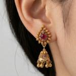 21 Carat Gold Ruby Stone Flower Jhumka Earrings | 4.290g - Image 2