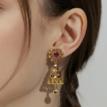 21 Carat Gold Antique Ruby Jhumka Earrings with Stone Drop | 9.880g - Image 2