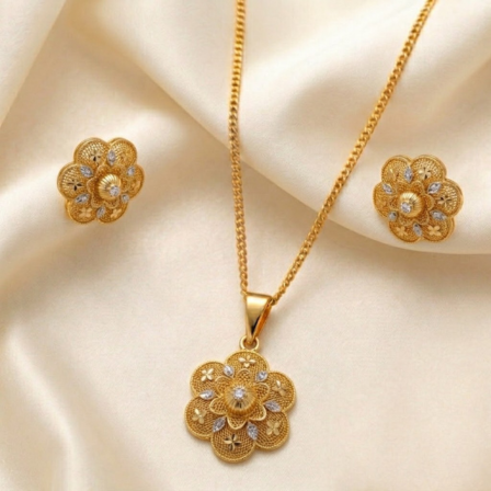 website images 21K Gold Diamond Flower Locket & Earring Set | 11g - Image 1