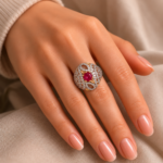 21K Gold Diamond Pave & Baguette Ring with Ruby Center Stone | 4.160g - Image 2