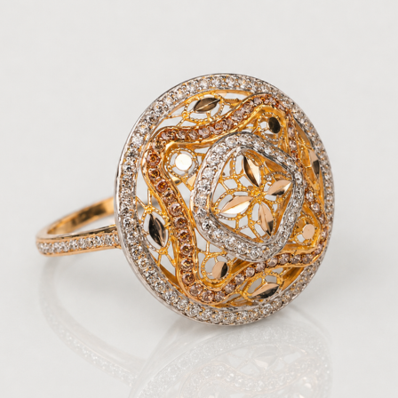 website images (4) 21K Gold Three-Tone Filigree Round Ring with Pave Diamonds | 3.880g - Image 1