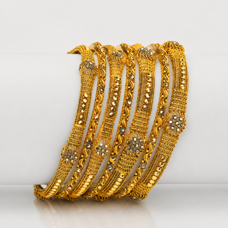 website images (55) 21 Carat Antique Gold Filigree Bridal Bangles Set – Pack of 7 - Image 1