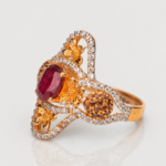 21K Gold Large Ruby Ring with Pave Diamonds & Floral Filigree | 4.360g