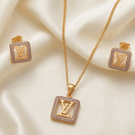 website images (65) 21 Carat Gold-Tone Initial Pendant & Stud Earrings Set - Image 1
