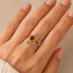 21K Gold Large Ruby Ring with Pave Diamonds & Floral Filigree | 4.360g - Image 2