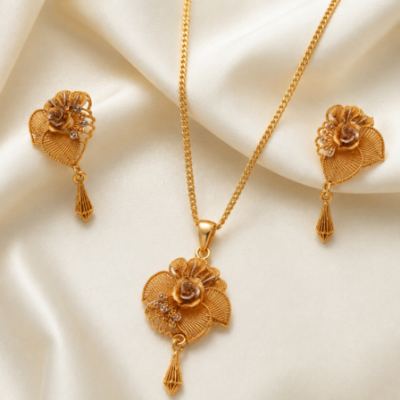 website images (77) 21 Carat Rose Motif Pendant & Drop Earrings Jewelry Set - Image 1