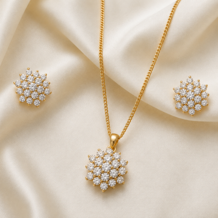 website images (79) 21 Carat Sparkling Floral Cluster Pendant & Stud Earrings Jewelry Set - Image 1