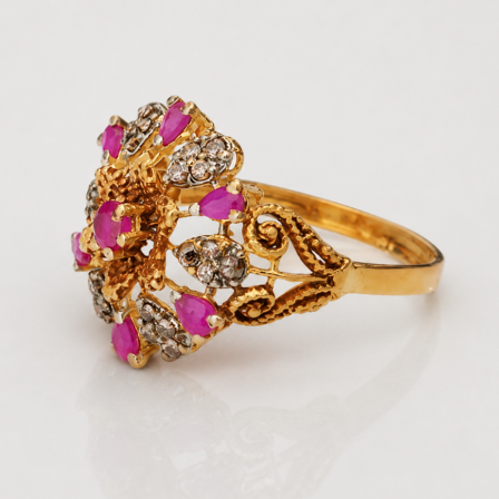 gold website images (10) 21 Carat Gold Ruby Floral Filigree Ring - Image 1